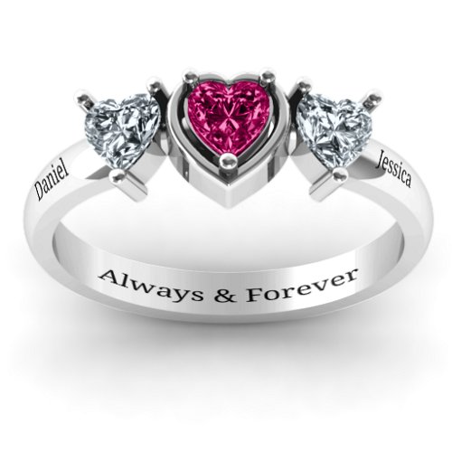 Heart Stone with Twin Heart Accents Ring – Sterling Silver with Ruby and Cubic Zirconia
