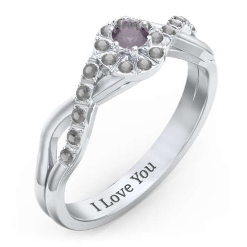 Braided Floral Cluster Ring with Shoulder Accents – Sterling Silver with Alexandrite and Black Premium Zirconia
