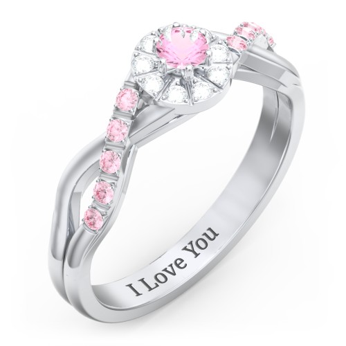 Braided Floral Cluster Ring with Shoulder Accents – Sterling Silver with Pink Tourmaline, White Premium Zirconia, and Fancy Pink Premium Zirconia