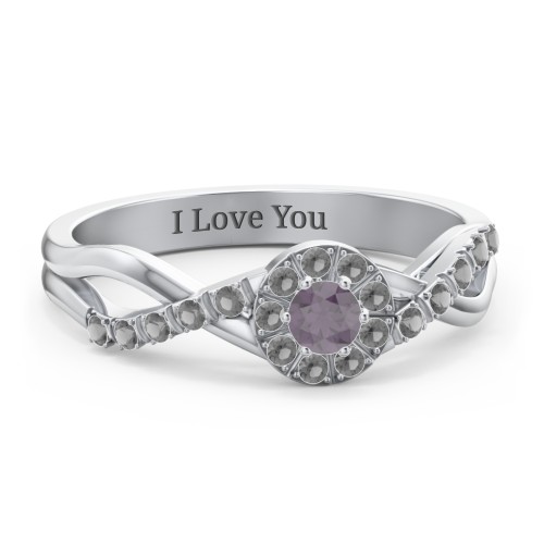Braided Floral Cluster Ring with Shoulder Accents – Sterling Silver with Alexandrite and Black Premium Zirconia
