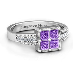 Vintage Princess Cut Ring with Shoulder Accents in 925 Sterling Silver with Amethyst