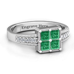 Vintage Princess Cut Ring with Shoulder Accents in 925 Sterling Silver with Emerald