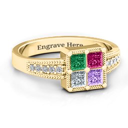 Vintage Princess Cut Ring with Shoulder Accents in 10K Solid Yellow Gold with Emerald, Ruby, Cubic Zirconia, and Amethyst