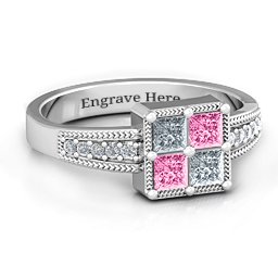 Vintage Princess Cut Ring with Shoulder Accents in 925 Sterling Silver with Cubic Zirconia and Pink Tourmaline