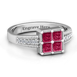 Vintage Princess Cut Ring with Shoulder Accents in 925 Sterling Silver with Ruby