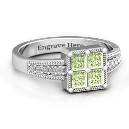 Vintage Princess Cut Ring with Shoulder Accents in 925 Sterling Silver with Peridot
