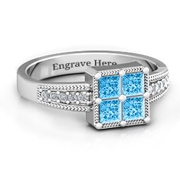 Vintage Princess Cut Ring with Shoulder Accents in 925 Sterling Silver with Blue Topaz