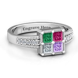 Vintage Princess Cut Ring with Shoulder Accents in 925 Sterling Silver with Emerald, Ruby, Cubic Zirconia, and Amethyst