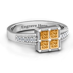 Vintage Princess Cut Ring with Shoulder Accents in 925 Sterling Silver with Citrine