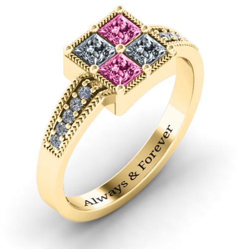 Vintage Princess Cut Ring with Shoulder Accents – 10K Yellow Gold with Cubic Zirconia and Pink Tourmaline