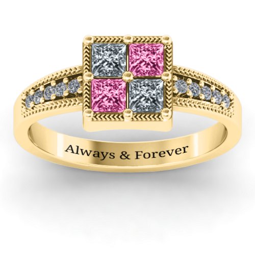 Vintage Princess Cut Ring with Shoulder Accents – 10K Yellow Gold with Cubic Zirconia and Pink Tourmaline