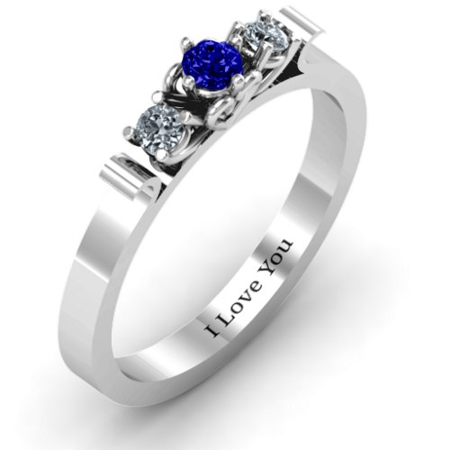 3-Stone Ring with Heart Gallery – Sterling Silver with Blue Sapphire and Cubic Zirconia