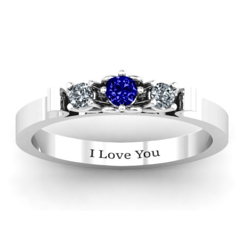 3-Stone Ring with Heart Gallery – Sterling Silver with Blue Sapphire and Cubic Zirconia