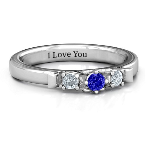 3-Stone Ring with Heart Gallery – Sterling Silver with Blue Sapphire and Cubic Zirconia