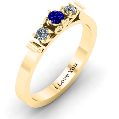 3-Stone Ring with Heart Gallery – 10K Yellow Gold with Blue Sapphire and Cubic Zirconia