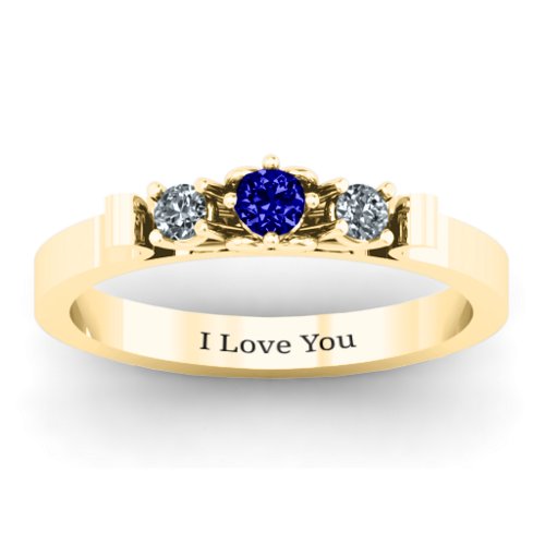 3-Stone Ring with Heart Gallery – 10K Yellow Gold with Blue Sapphire and Cubic Zirconia