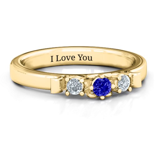 3-Stone Ring with Heart Gallery – 10K Yellow Gold with Blue Sapphire and Cubic Zirconia