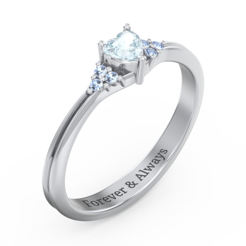 Narrow Heart Ring with Shoulder Accents – Sterling Silver with Aquamarine and Fancy Blue Premium Zirconia