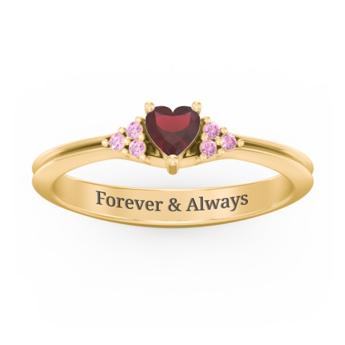 Narrow Heart Ring with Shoulder Accents – 18K Gold Plated Silver with Garnet and Red Premium Zirconia