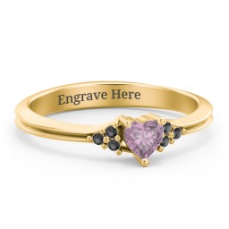 Narrow Heart Ring with Shoulder Accents in 18K Gold Plated Silver with Alexandrite and Black Premium Zirconia