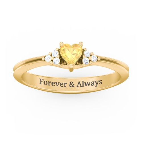 Narrow Heart Ring with Shoulder Accents – 18K Gold Plated Silver with Citrine and Diamond