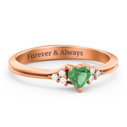 Narrow Heart Ring with Shoulder Accents in 10K Solid Rose Gold with Emerald