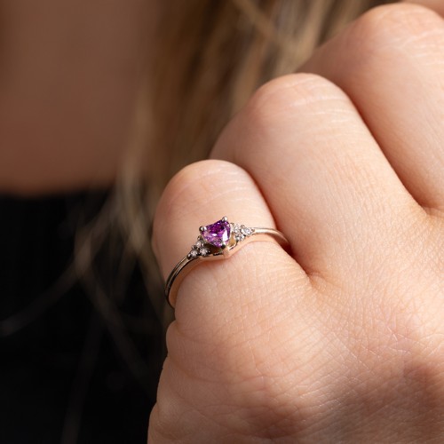 Narrow Heart Ring with Shoulder Accents – 10K Rose Gold with Pink Tourmaline and White Premium Zirconia