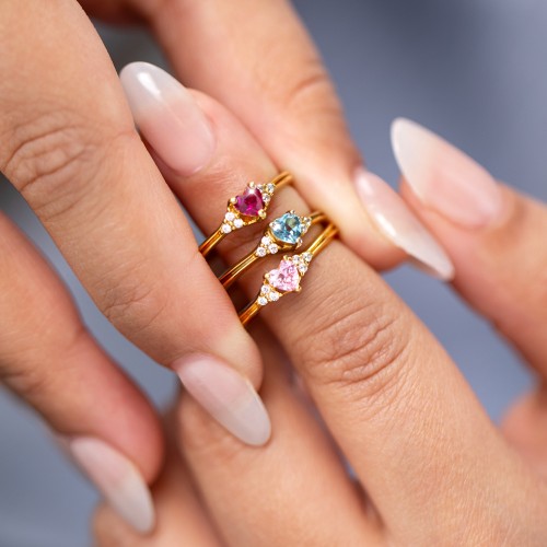 Narrow Heart Ring with Shoulder Accents – 10K Rose Gold with Pink Tourmaline and White Premium Zirconia