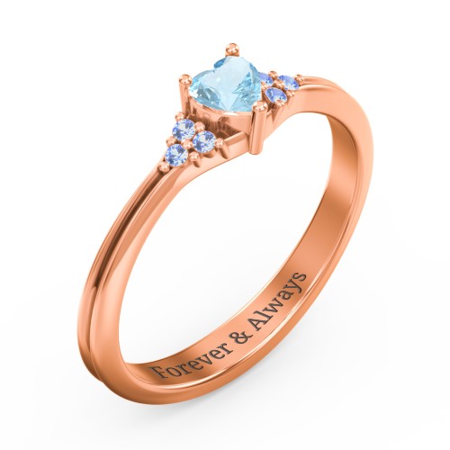 Narrow Heart Ring with Shoulder Accents – 10K Rose Gold with Blue Topaz and Fancy Blue Premium Zirconia