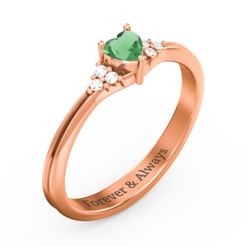 Narrow Heart Ring with Shoulder Accents – 10K Rose Gold with Emerald and White Premium Zirconia