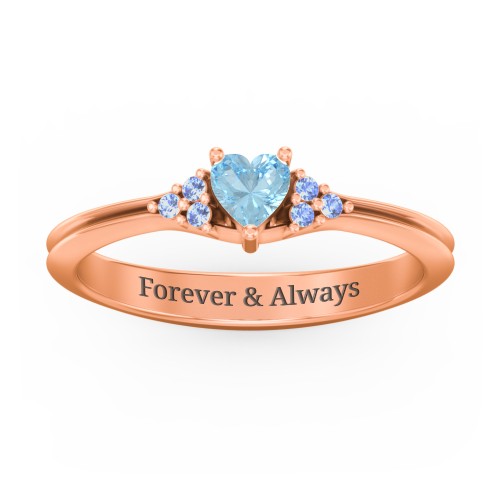 Narrow Heart Ring with Shoulder Accents – 10K Rose Gold with Blue Topaz and Fancy Blue Premium Zirconia