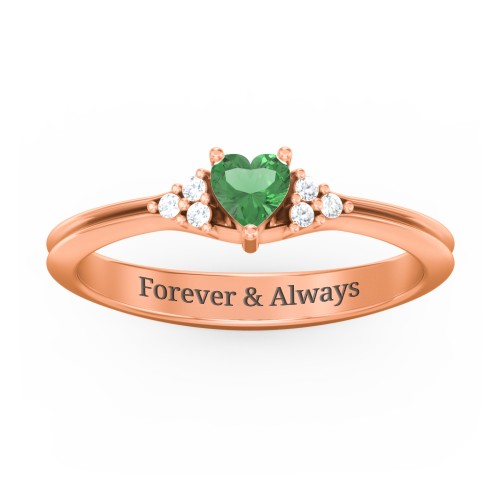 Narrow Heart Ring with Shoulder Accents – 10K Rose Gold with Emerald and White Premium Zirconia