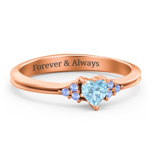 Narrow Heart Ring with Shoulder Accents – 10K Rose Gold with Blue Topaz and Fancy Blue Premium Zirconia
