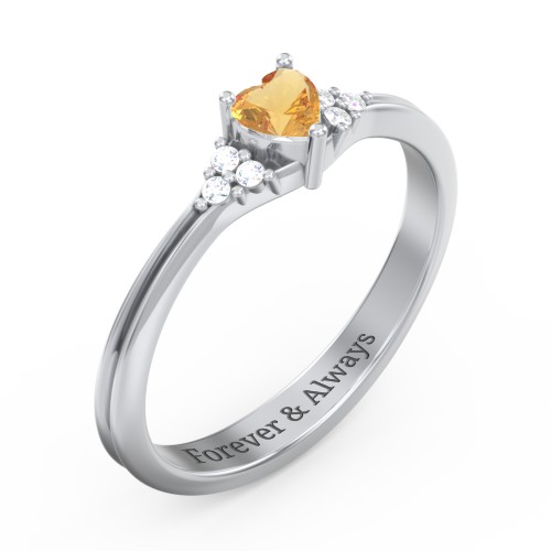 Narrow Heart Ring with Shoulder Accents – Sterling Silver with Citrine and Diamond