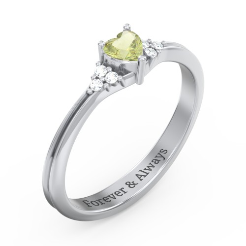 Narrow Heart Ring with Shoulder Accents – Sterling Silver with Peridot and White Premium Zirconia