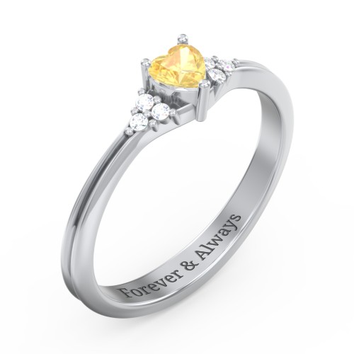 Narrow Heart Ring with Shoulder Accents – Sterling Silver with Citrine and Diamond
