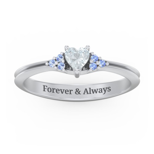 Narrow Heart Ring with Shoulder Accents – Sterling Silver with Aquamarine and Fancy Blue Premium Zirconia