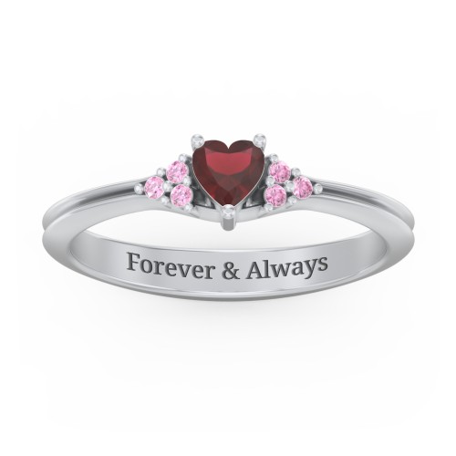 Narrow Heart Ring with Shoulder Accents – Sterling Silver with Garnet and Red Premium Zirconia