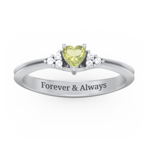 Narrow Heart Ring with Shoulder Accents – Sterling Silver with Peridot and White Premium Zirconia
