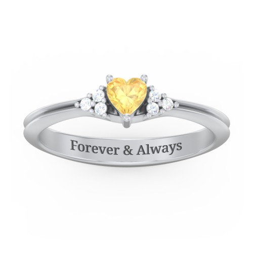 Narrow Heart Ring with Shoulder Accents – Sterling Silver with Citrine and Diamond