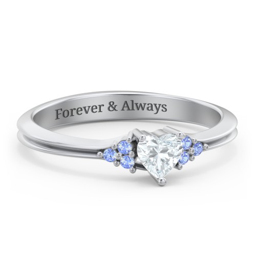 Narrow Heart Ring with Shoulder Accents – Sterling Silver with Aquamarine and Fancy Blue Premium Zirconia