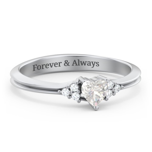 Narrow Heart Ring with Shoulder Accents – Sterling Silver with Cubic Zirconia and White Premium Zirconia