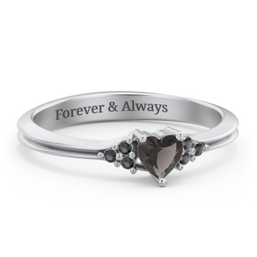 Narrow Heart Ring with Shoulder Accents – Sterling Silver with Smokey Quartz and Black Premium Zirconia