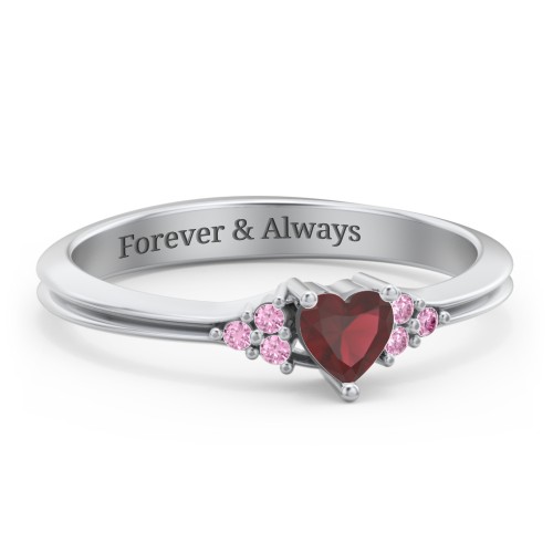 Narrow Heart Ring with Shoulder Accents – Sterling Silver with Garnet and Red Premium Zirconia