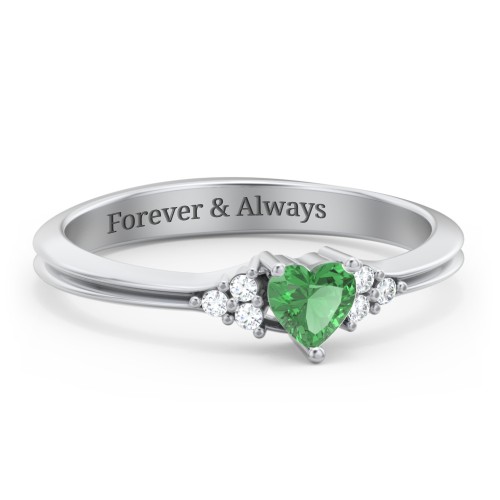 Narrow Heart Ring with Shoulder Accents – Sterling Silver with Emerald and White Premium Zirconia