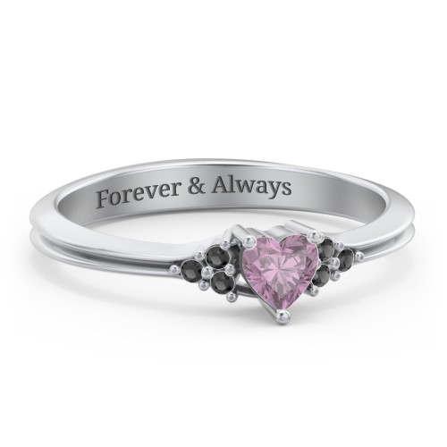 Narrow Heart Ring with Shoulder Accents – Sterling Silver with Alexandrite and Black Premium Zirconia