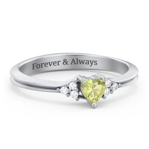 Narrow Heart Ring with Shoulder Accents – Sterling Silver with Peridot and White Premium Zirconia