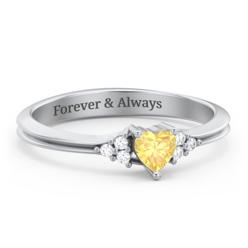 Narrow Heart Ring with Shoulder Accents – Sterling Silver with Citrine and Diamond