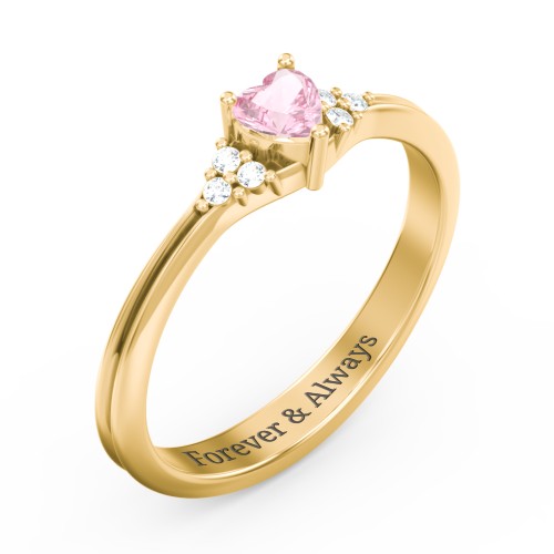 Narrow Heart Ring with Shoulder Accents – 10K Yellow Gold with Pink Tourmaline and White Premium Zirconia