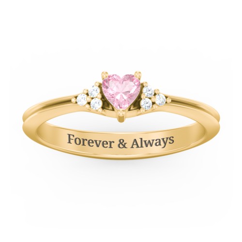 Narrow Heart Ring with Shoulder Accents – 10K Yellow Gold with Pink Tourmaline and White Premium Zirconia